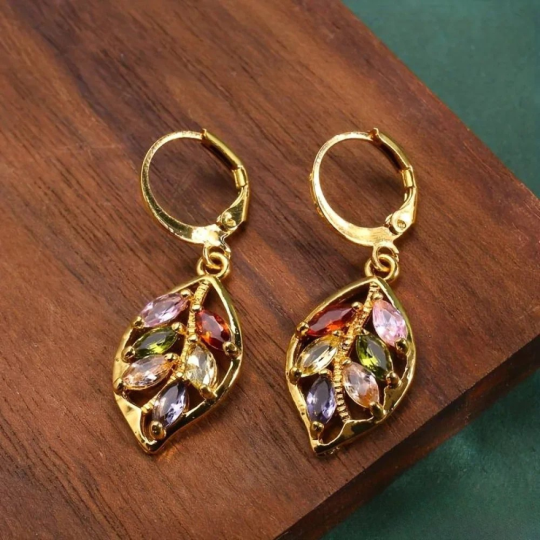 Vintage Gold Leaf Colourful Zirconia Earrings