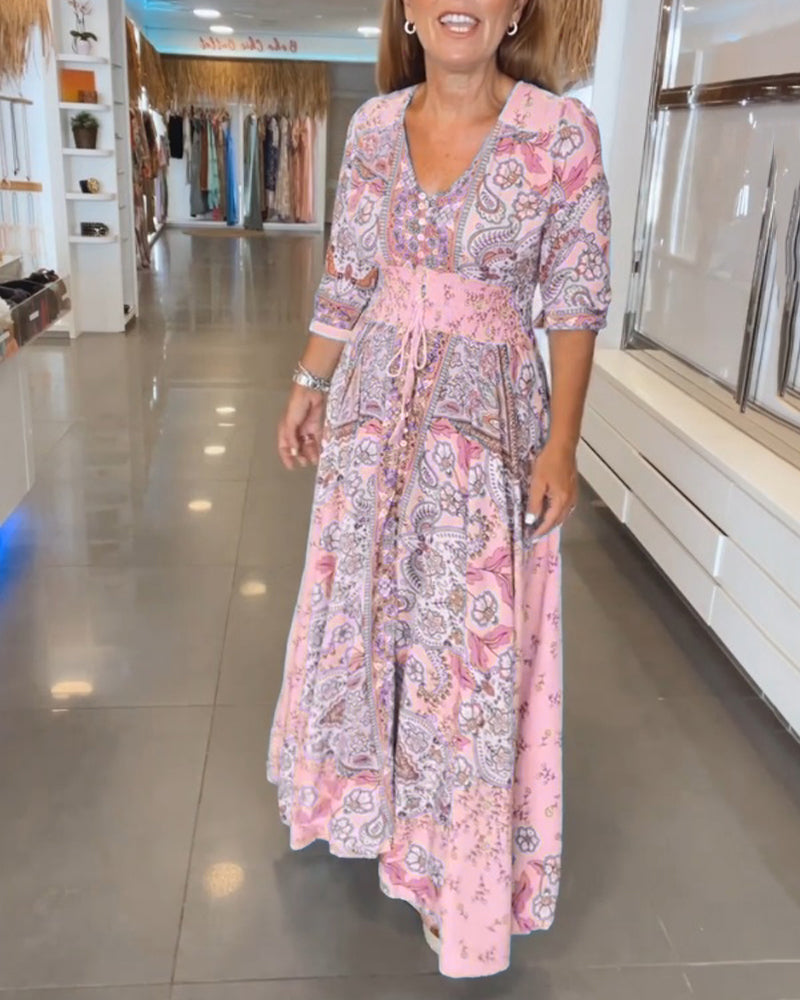 Soide™ | Elegant V-Neck Holiday Dress with Puff Sleeves