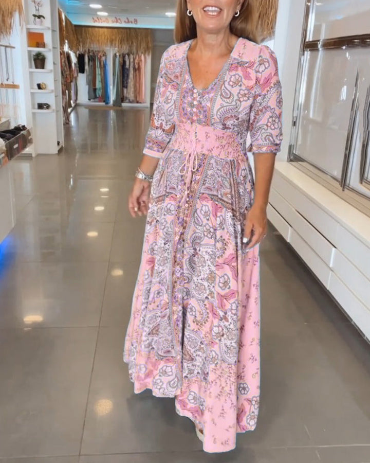 Soide™ | Elegant V-Neck Holiday Dress with Puff Sleeves
