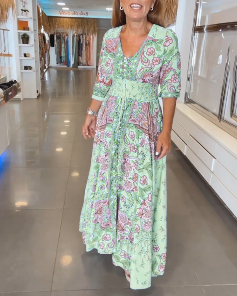 Soide™ | Elegant V-Neck Holiday Dress with Puff Sleeves