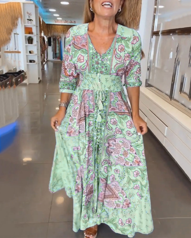 Soide™ | Elegant V-Neck Holiday Dress with Puff Sleeves