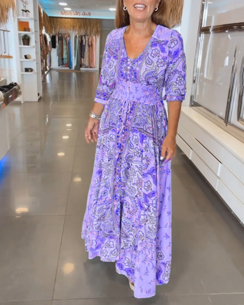 Soide™ | Elegant V-Neck Holiday Dress with Puff Sleeves