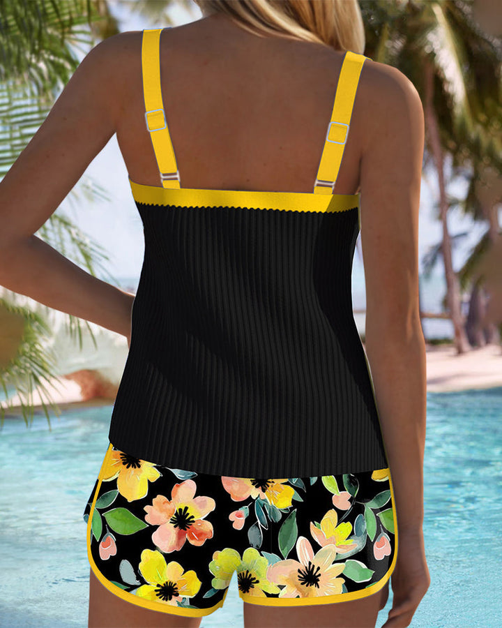 Sophie – Black Tankini with Flowers and Beach Shorts | Last Day 80% Off!