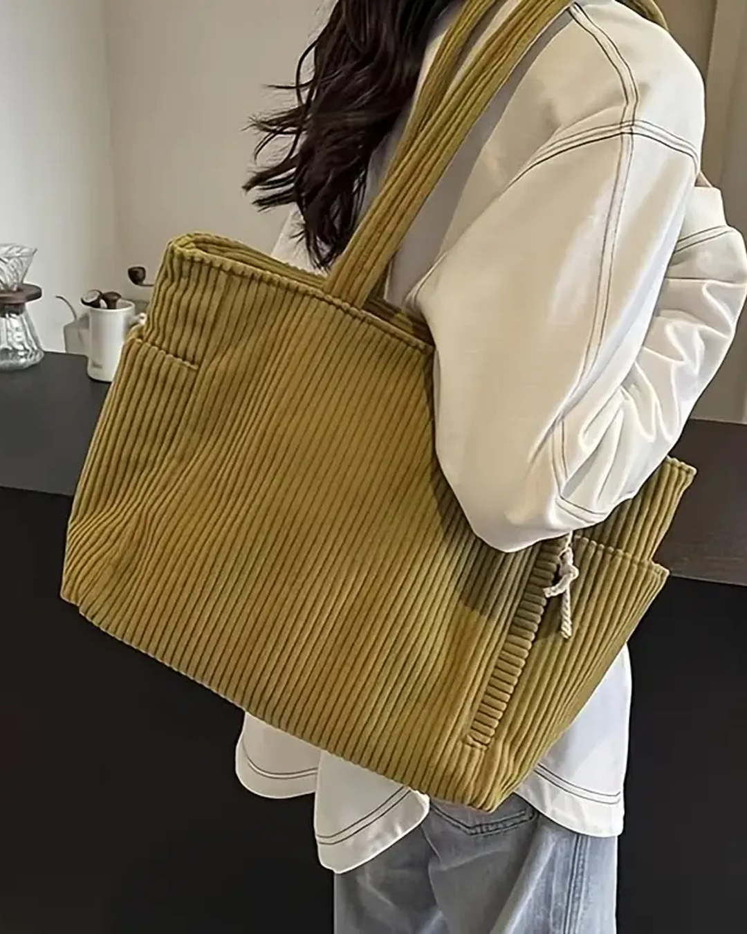 Josephine | Ribbed Tote Bag With Drawstring Detail