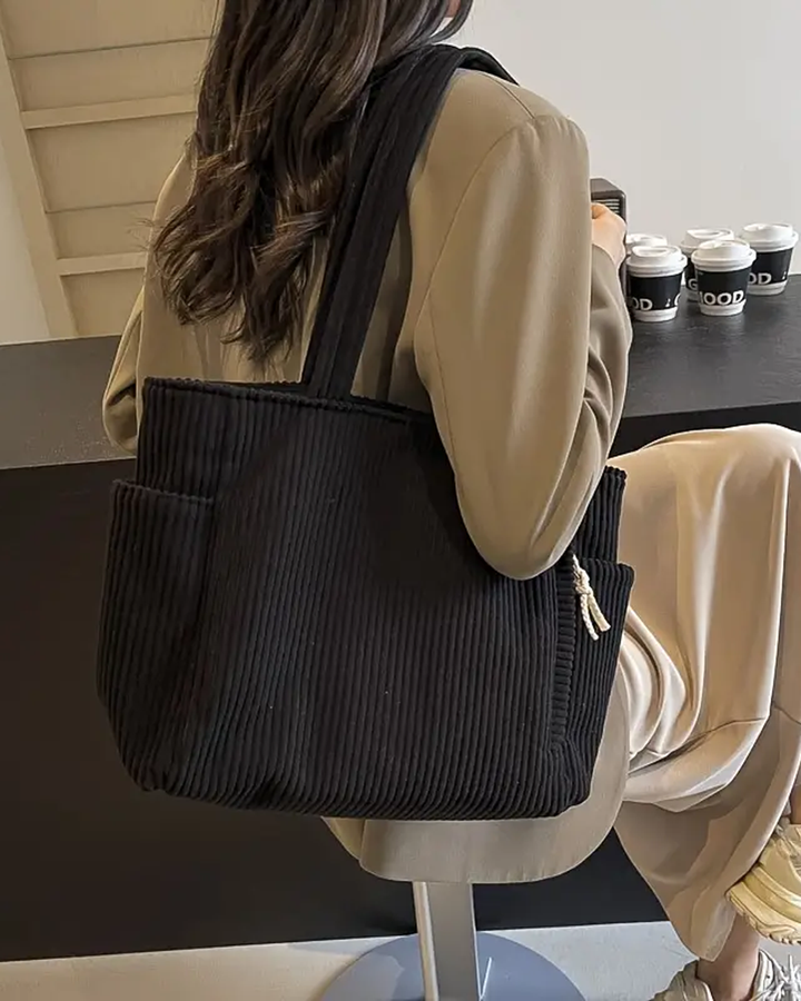 Josephine | Ribbed Tote Bag With Drawstring Detail